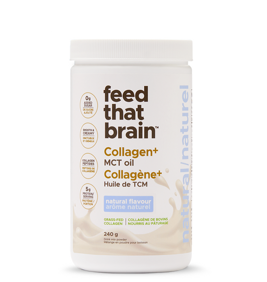 Feed that brain, natural flavor, collagen, plus MCT oil grass fed collagen, peptides, showing front of bottle 240 g