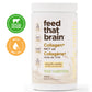 Feed the brain, creamy, vanilla collagen, plus MCT oil, grass, fed, collagen, peptides, showing front of bottle, 240 g