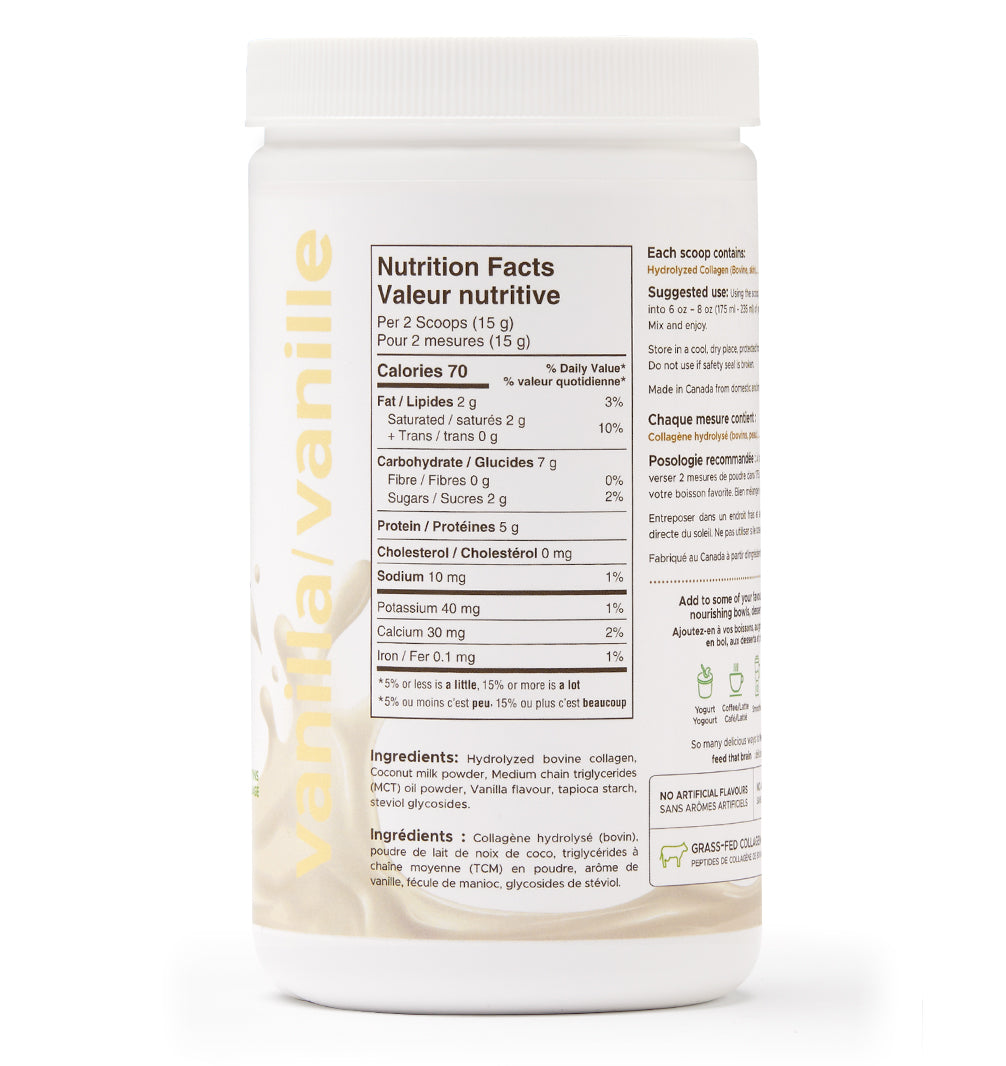 Back of bottle nutrition facts label for creamy vanilla, 70 cal per two scoops