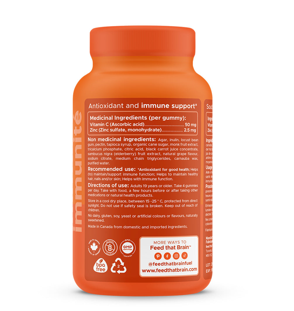 Immune boost, gummy back of bottle, orange, antioxidant and immune support. Medicinal ingredients per gummy, vitamin C, 50 MG, zinc, sulfate, 2.5 MG.