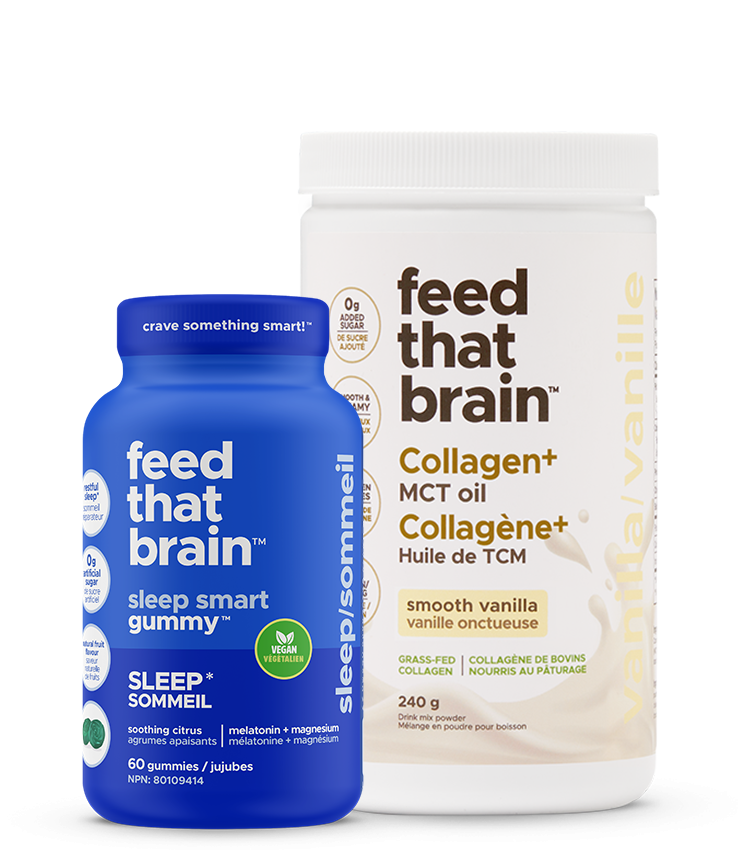 feed that brain by two products bundle. One collagen and one gummy of your choice. Two bottles standing side-by-side.