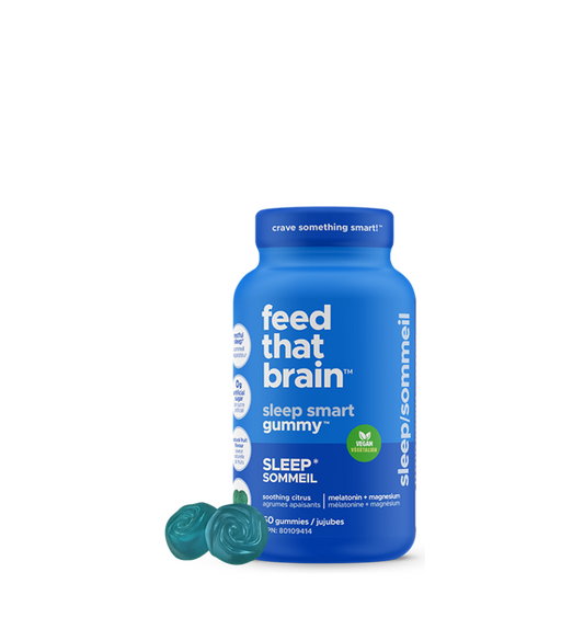 Crave something, smart, feed that brain sleep, smart, gummy, blue bottle, soothing citrus flavour with vanilla citrus, lemon and lavender 100% vegan 0 g artificial sugar
