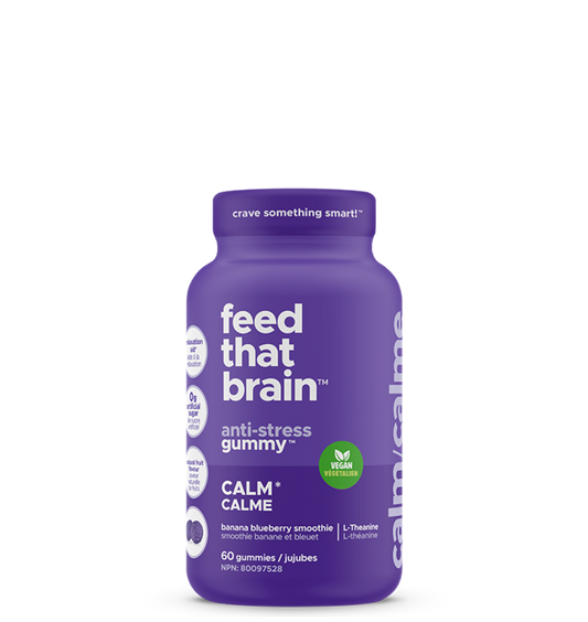 Feed that brain, antistress, gummy, calm, banana, blueberry, smoothie purple bottle, 60 gummy's per bottle 100% vegan 0 g artificial sugar