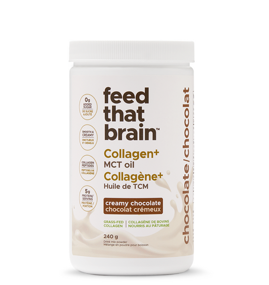 Feed that brain, creamy, chocolate collagen, plus MCT oil powder, grass, fed, collagen, peptides, showing front of bottle, 240 g