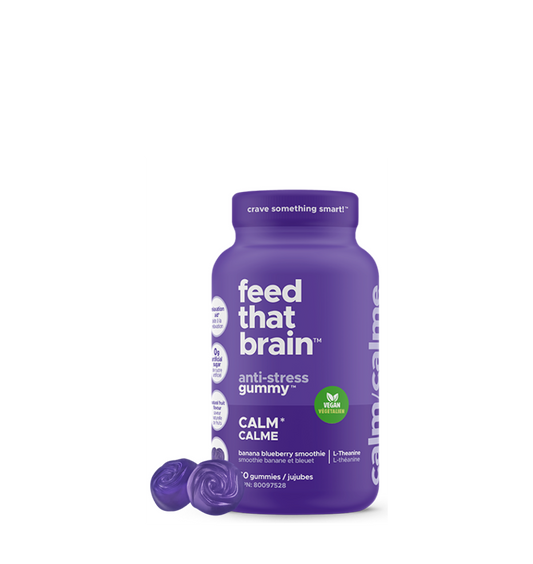 Feed that brain, antistress, gummy, calm, banana, blueberry, smoothie purple bottle, 60 gummy's per bottle 100% vegan 0 g artificial sugar