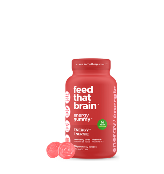 Feed the brain, energy, gummy, red bottle, strawberry swirl flavor, 60 gummy's, 100% vegan and 0 g artificial sugar, crave something smart