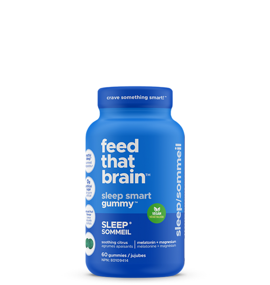 Crave something, smart, feed that brain sleep, smart, gummy, blue bottle, soothing citrus flavour with vanilla citrus, lemon and lavender 100% vegan 0 g artificial sugar