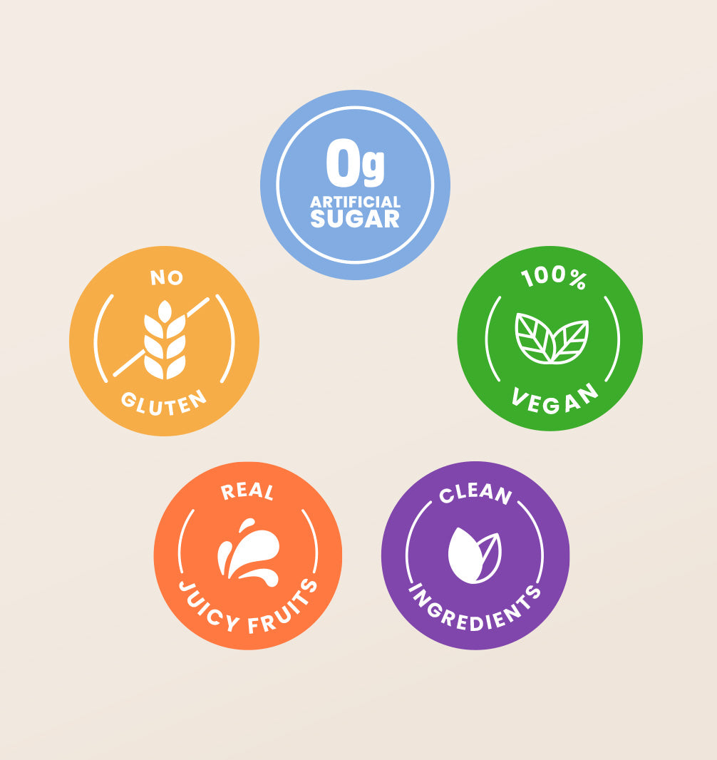 Nutrition labels, 0 g artificial sugar, 100% vegan, clean ingredients, real juicy fruits, no gluten