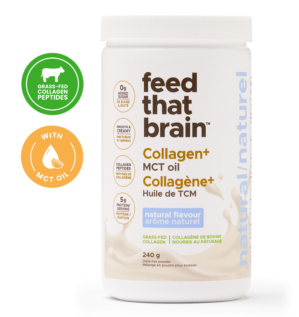 Feed that brain, natural flavor, collagen, plus MCT oil grass fed collagen, peptides, showing front of bottle 240 g