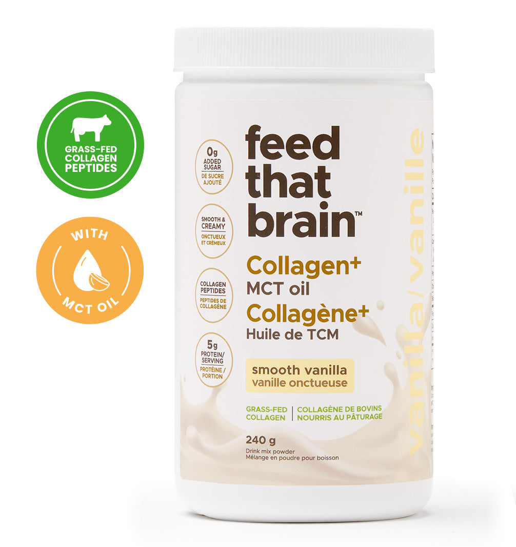 Feed the brain, creamy, vanilla collagen, plus MCT oil, grass, fed, collagen, peptides, showing front of bottle, 240 g