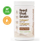 Feed that brain, creamy, chocolate collagen, plus MCT oil powder, grass, fed, collagen, peptides, showing front of bottle, 240 g