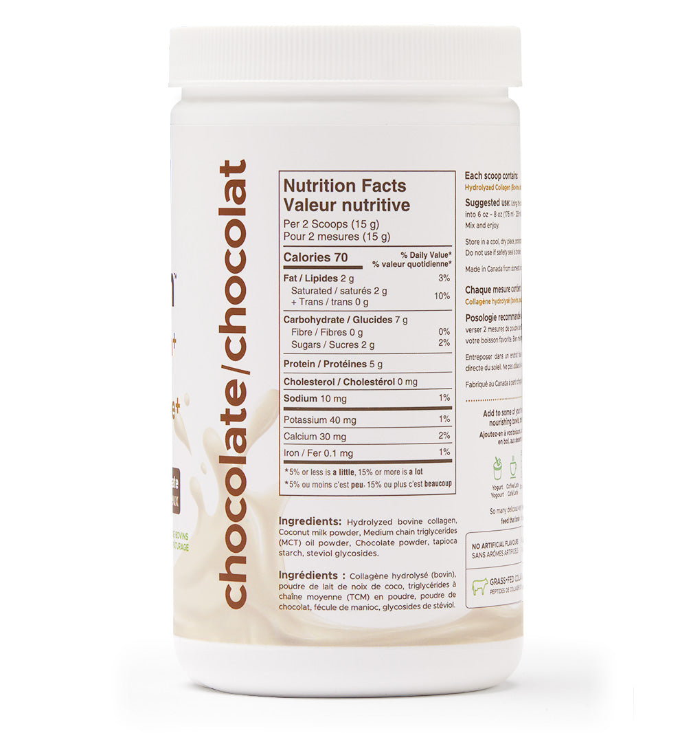 Back of bottle, nutrition, facts, label for creamy chocolate, 70 cal per two scoops