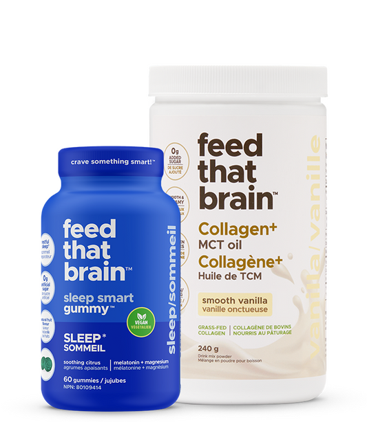 feed that brain by two products bundle. One collagen and one gummy of your choice. Two bottles standing side-by-side.
